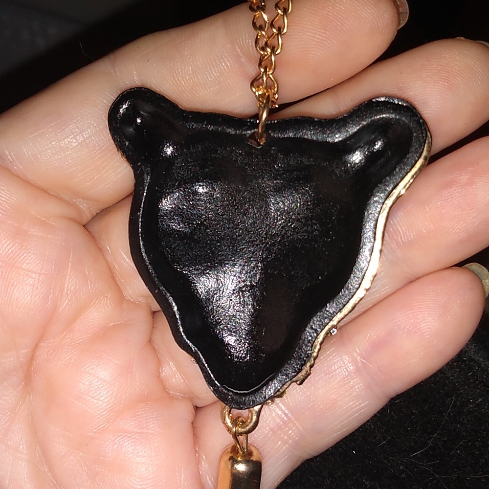 Black & Goldtone Leopard Cheetah with White Crystals Pendant Necklace - Picture 4 of 7
